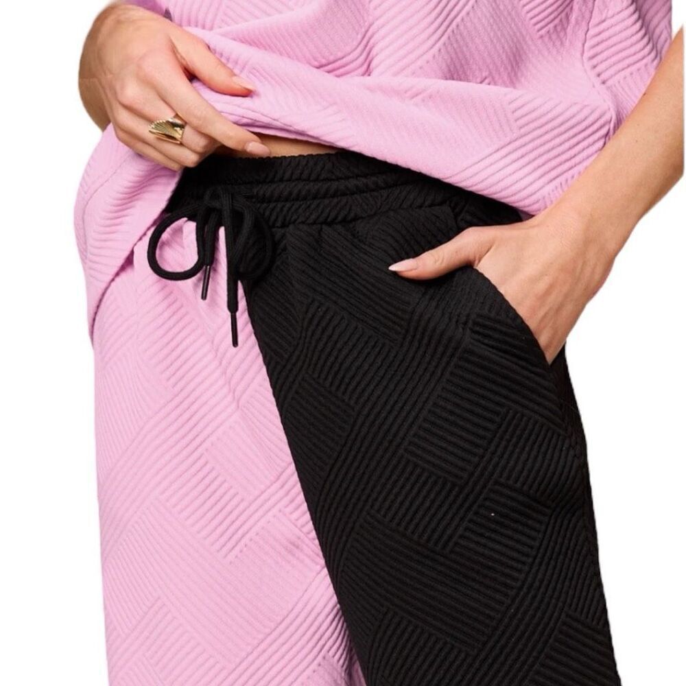 Pink & Black Texture Contrast T-Shirt and Wide Leg Pants Lounge Set NWT - Picture 7 of 8